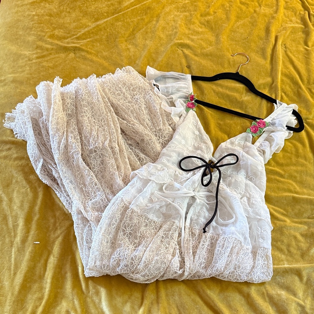 Free People White/Cream Lace Dress with Black Cord Tie